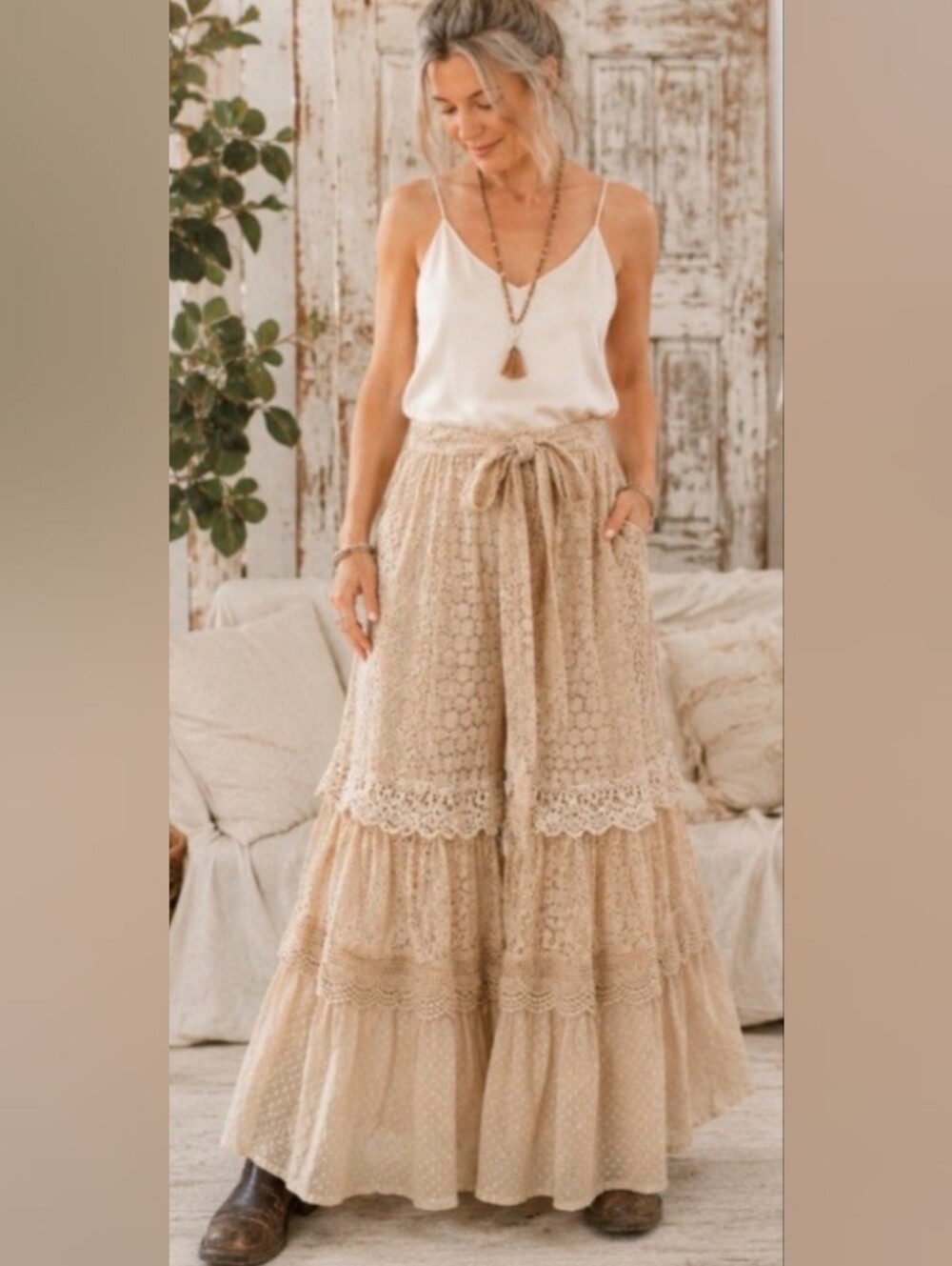 Young Threads Lace Tiered Wide-Leg Pants NWT